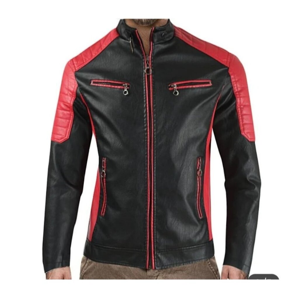 Mens Fashion Racer Motorcycle Jacket Casual Stand Collar Slim PU Leather Medium